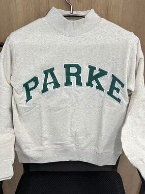 PARKE Heather Gray Mock Neck Green Varsity Letter Cropped Sweatshirt